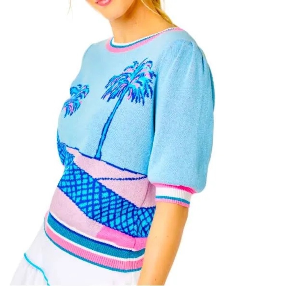 Lilly Pulitzer Ravello Pink Blue Perfect Match Short Sleeve Sweater women sz L
